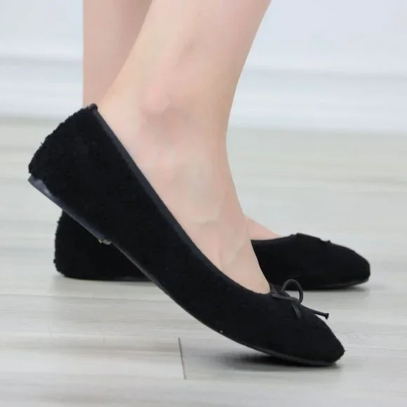 Black Flat Slip On Comfort Shoes Sherpa - Picture 6 of 13